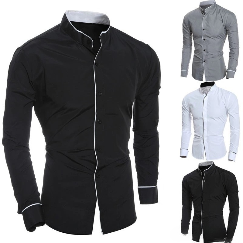 Mandarin Collar Formal Shirt Slim Fit - Herren Slim Fit Einfarbige Langarm-Hemden Hochwertige