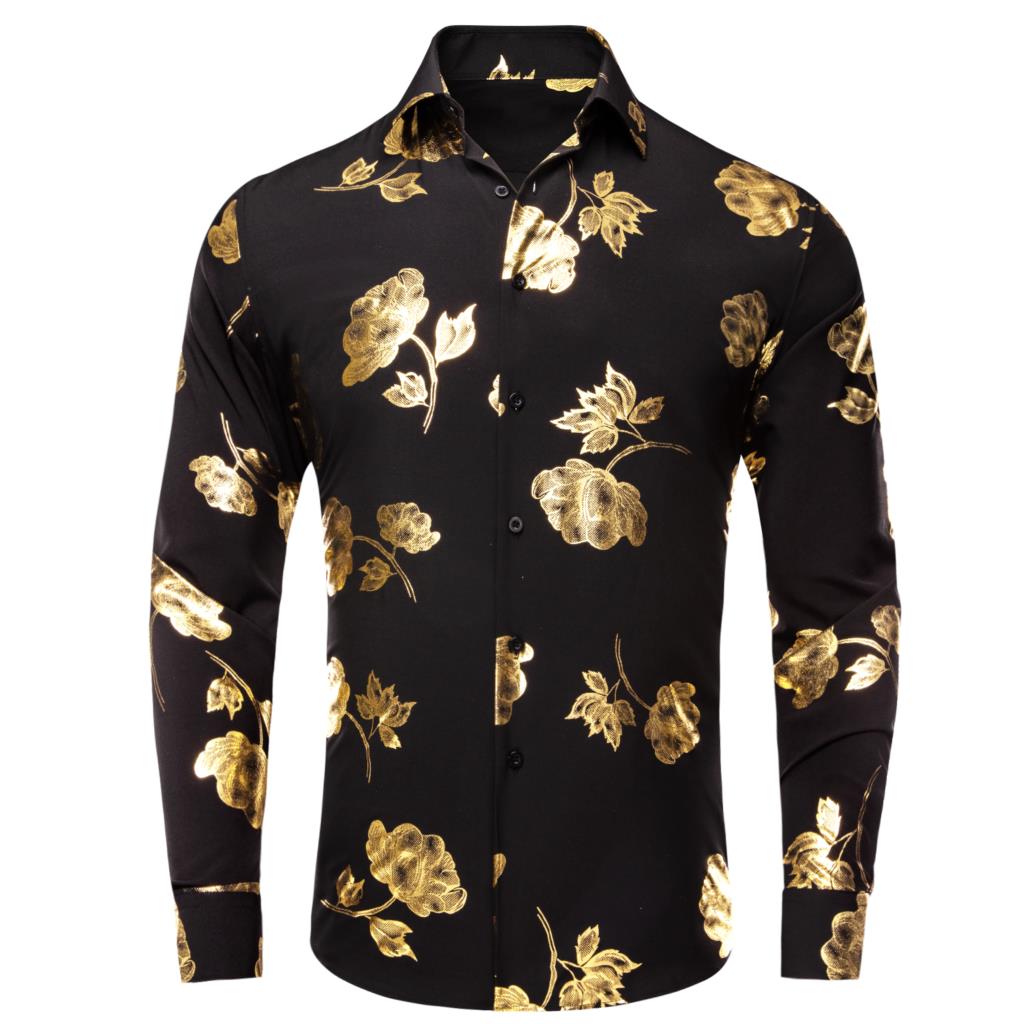 Mens Satin Silk Dress Shirt - Hi-Tie Schwarz gold Seide Herren hemden