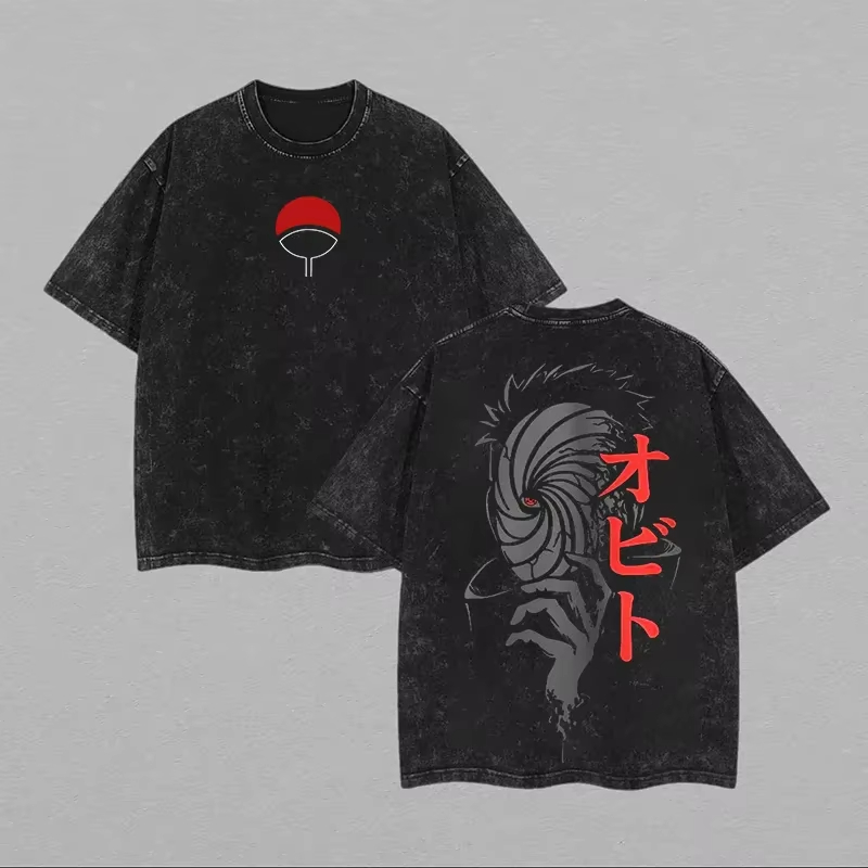 Acid Wash Vintage Graphic T Shirt - Naruto Obito Uchiha Herren T-Shirt mit