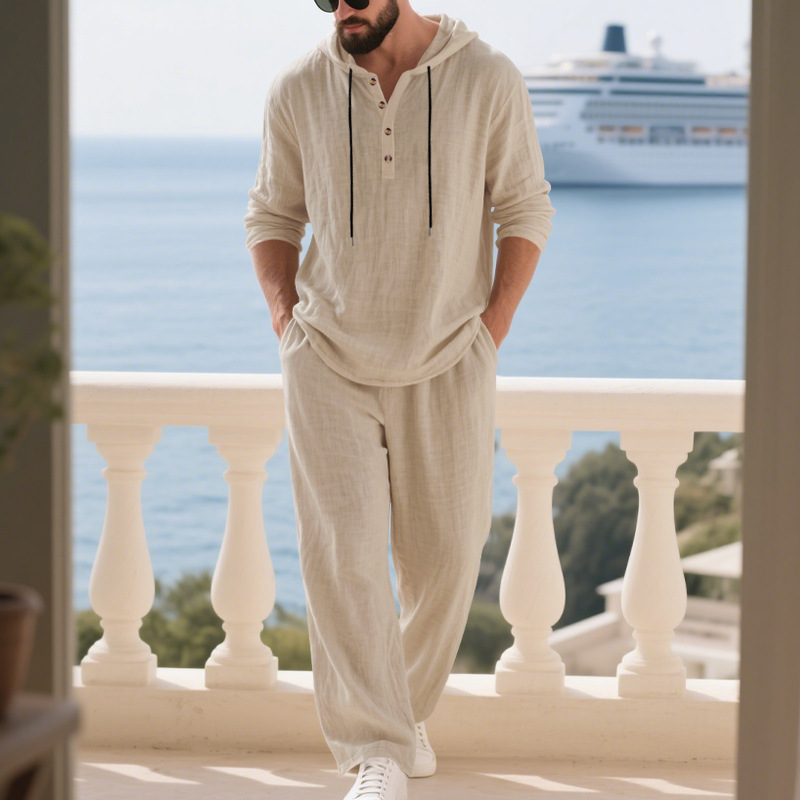 Mens Linen Shirt Long Sleeve - Grenzüberschreitender Herbst-Leinenanzug für Herren: Lässiger, lockerer
