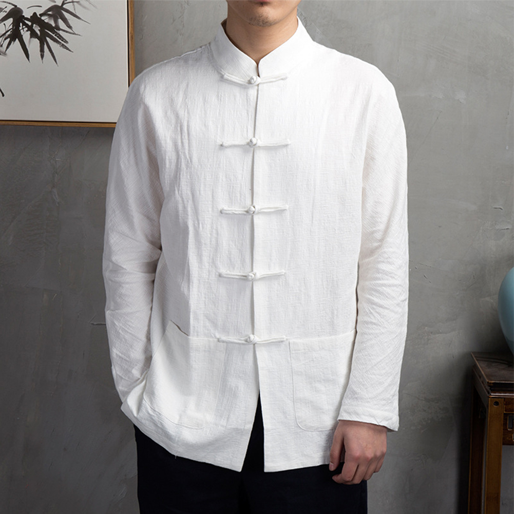 Mens Linen Shirt Long Sleeve - Retro Casual Herren Chinesische Traditionelle Kleidung