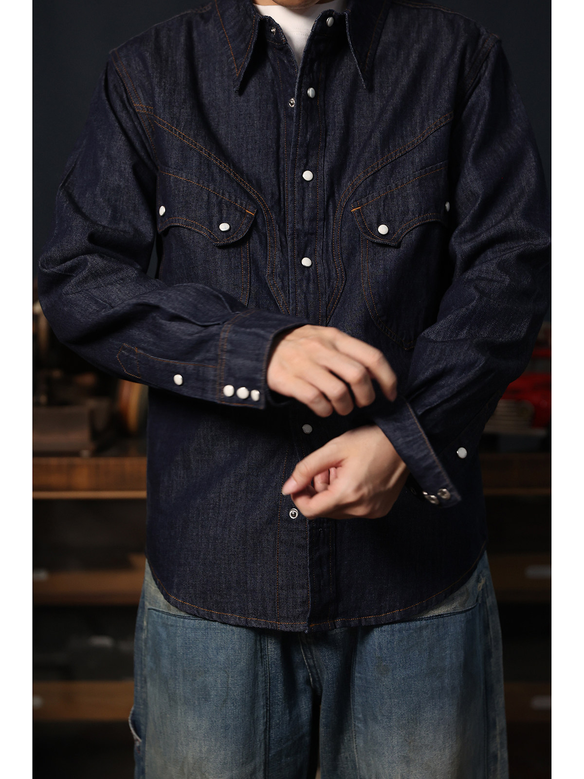 Mens Western Denim Pearl Snap Shirt - Cowboy Western Snap-Shirt Einfaches Amerikanisches Lässiges