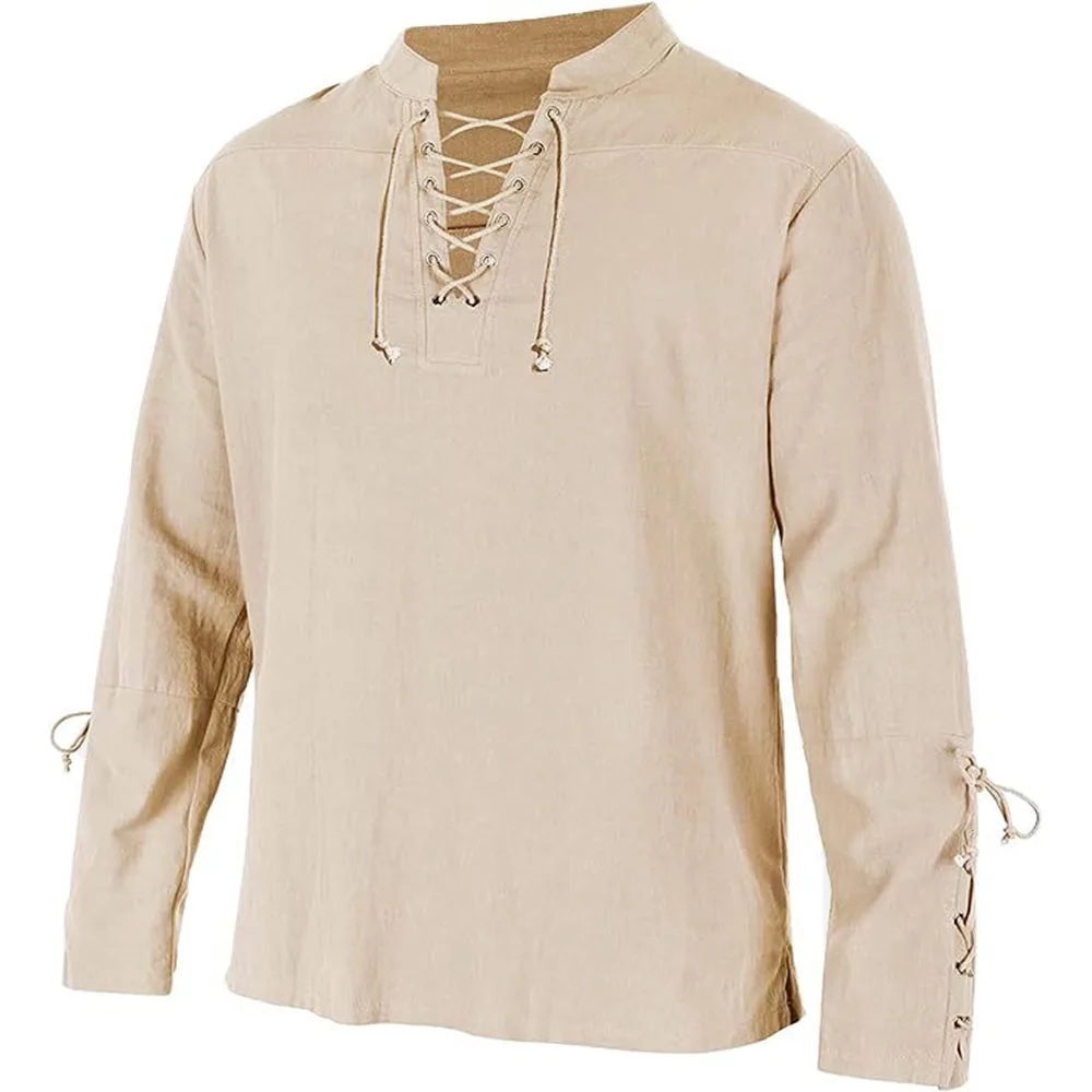 Medieval Gothic Lace Up Pirate Shirt - Herren Langarmshirts Schnürung V-Ausschnitt Manschette Mittelalter
