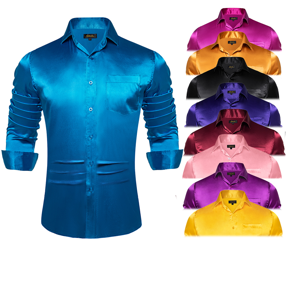 Mens Satin Silk Dress Shirt - Herren blau rot weiß schwarz Satin