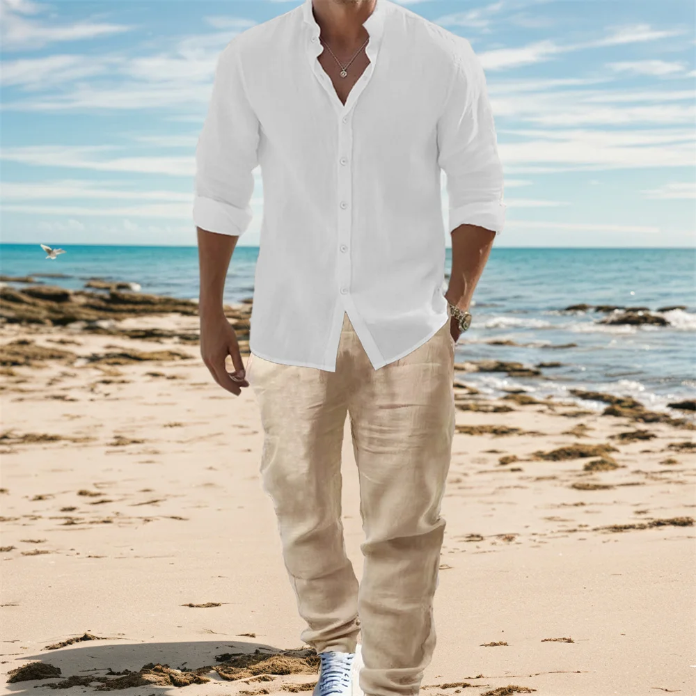 Mens Linen Shirt Long Sleeve - Herren-Hemden-Sets aus Baumwollleinen mit langen Ärmeln,
