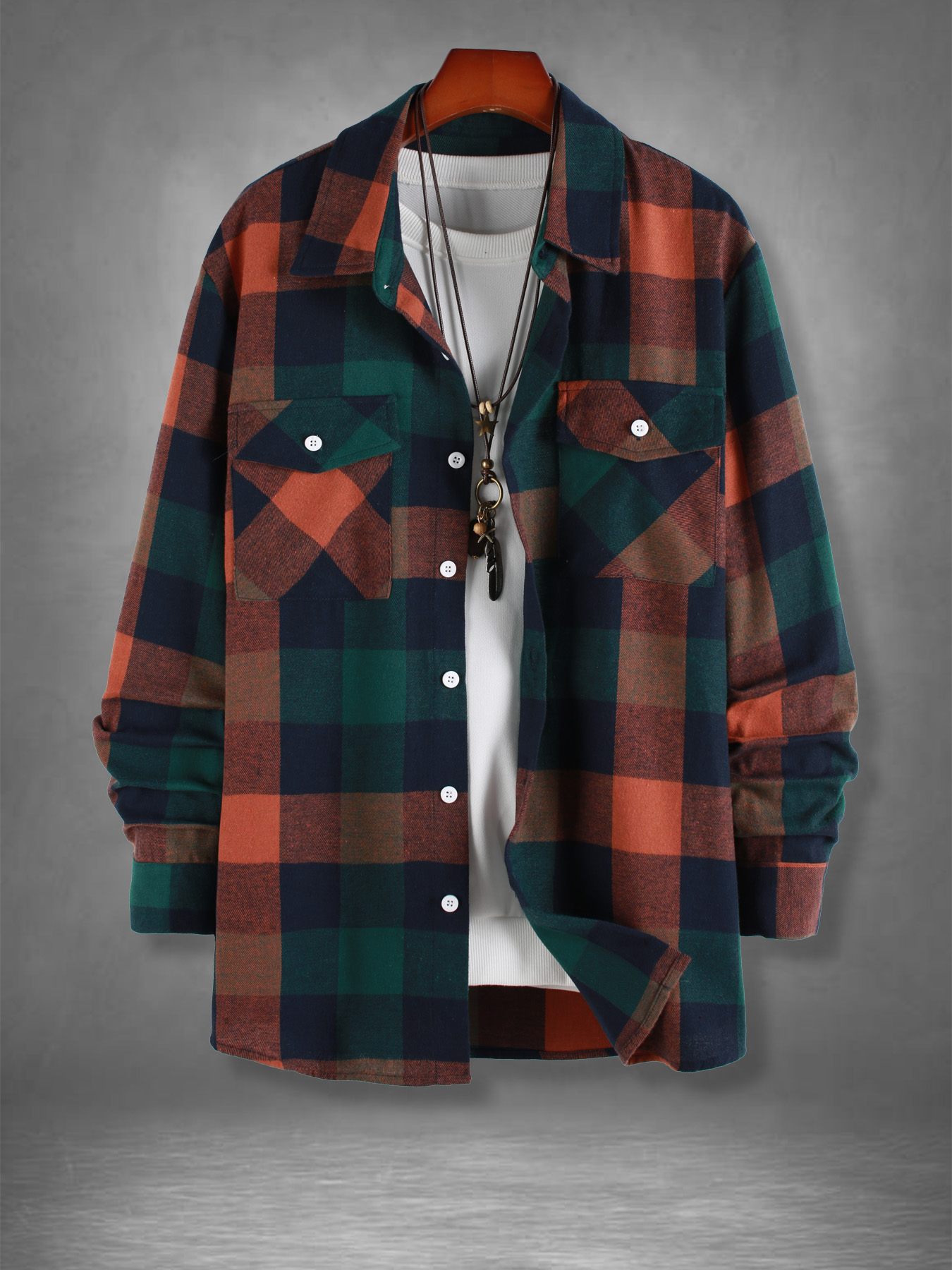 Jackets - Herren Retro Orange-Grün Kariertes Flanellhemd Frühling