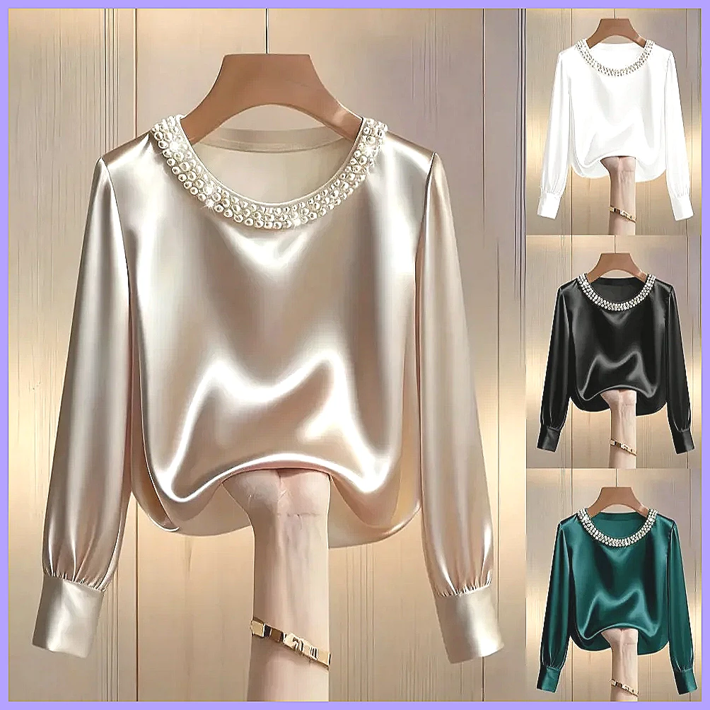 Shirts - Elegante Perlenbesetzte Satin-Bluse für Damen, Locker