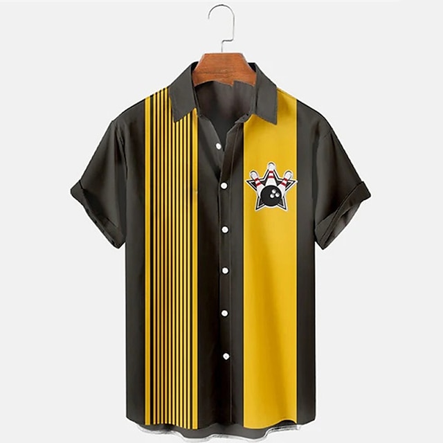 Short Sleeve Bowling Shirt Retro - Herren Gestreiftes Bowling-Muster Kurzarm-Hemd mit Kragen