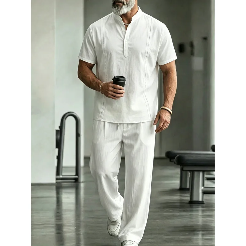 Mens Linen Shirt Long Sleeve - Herren Leinen Freizeit 2-Teiliges Set Kurzarm