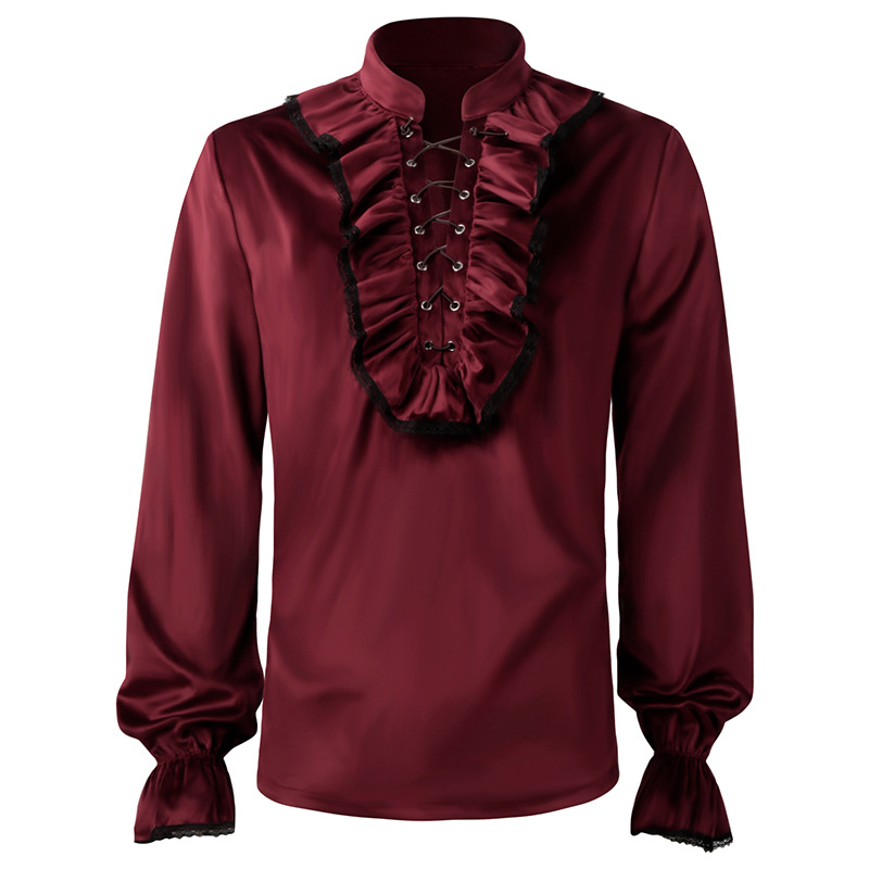 Medieval Gothic Lace Up Pirate Shirt - Rot Lace Up Rüschen Laterne Ärmeln