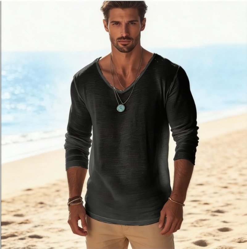 Mens Linen Shirt Long Sleeve - Herren Casual V-Ausschnitt Leinen-Mischgewebe Langarm T-Shirt
