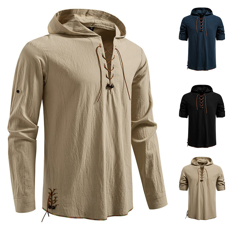Medieval Gothic Lace Up Pirate Shirt - Herren Langarm-Kapuzen-T-Shirt aus Baumwolle Mittelalterliches Piraten-Oberteil