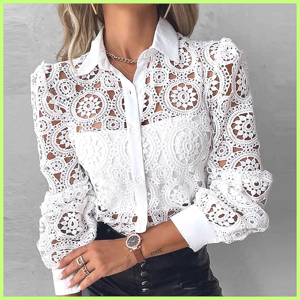 Shirts - 2025 Damen Weiße Spitzenbluse, Elegantes Ausgeschnittenes