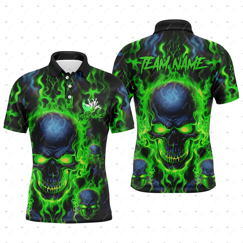 Short Sleeve Bowling Shirt Retro - Benutzerdefinierter Name Bowling Skull Flame Graffiti