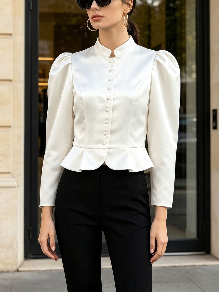 Mandarin Collar Formal Shirt Slim Fit - Tossy Peplum-Bluse mit langen Ärmeln, Puffärmeln,