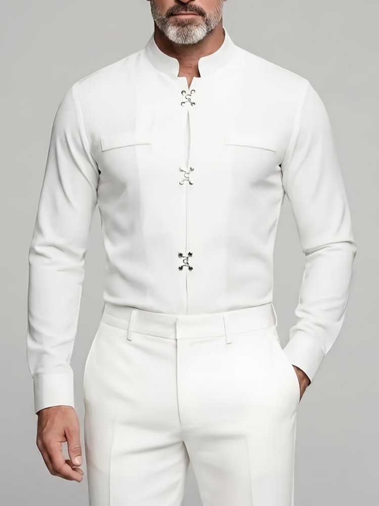 Mandarin Collar Formal Shirt Slim Fit - Luxuriöses Herrenhemd mit Stehkragen, langen Ärmeln,