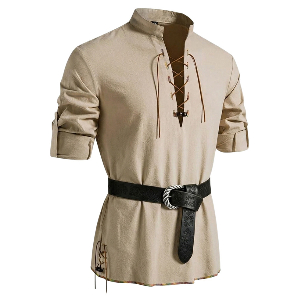 Herrenhemd aus Baumwolle im Le – Medieval Gothic Lace Up Pirate Shirt Bewertung und Preis