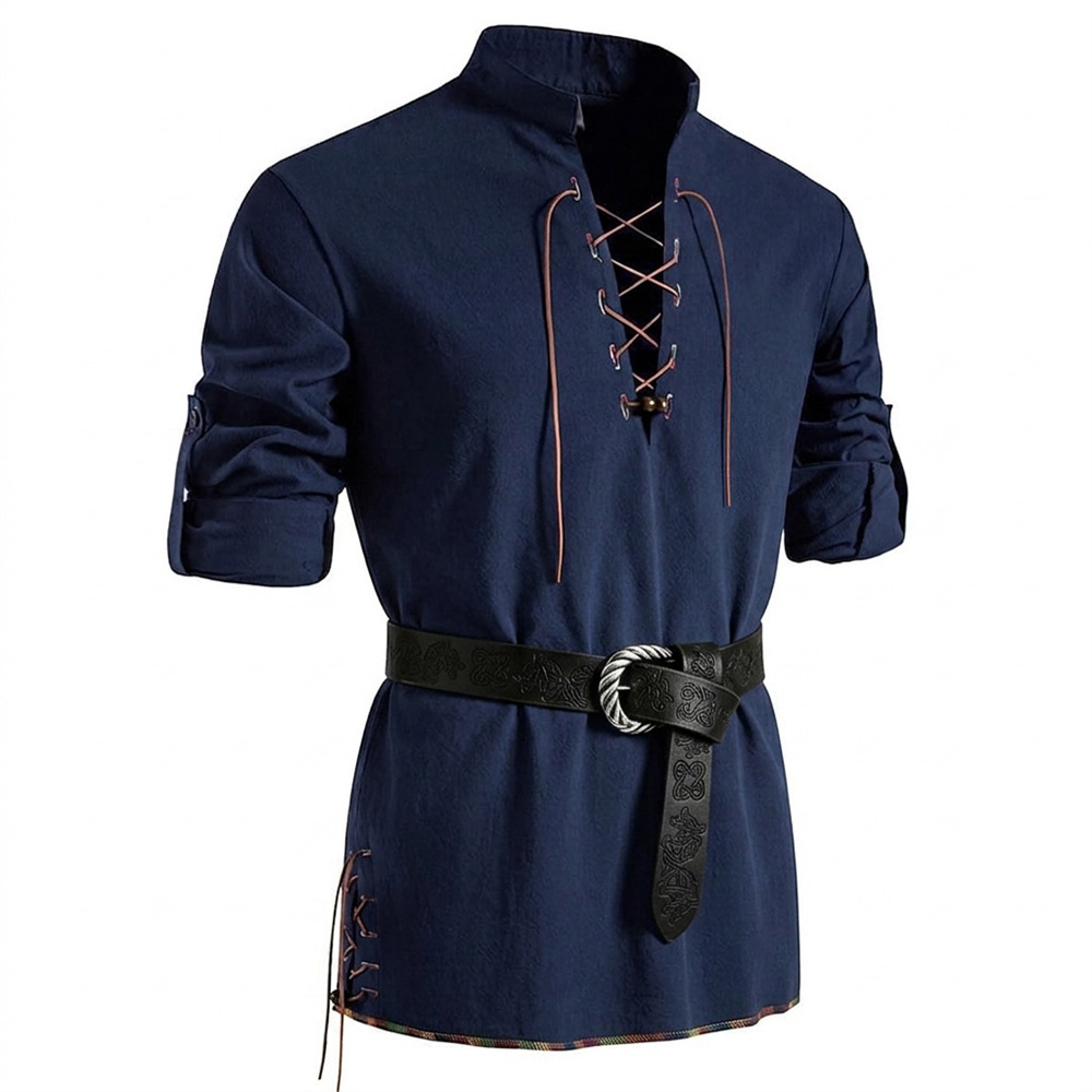Herrenhemd aus Baumwolle im Le – Medieval Gothic Lace Up Pirate Shirt Bewertung und Preis