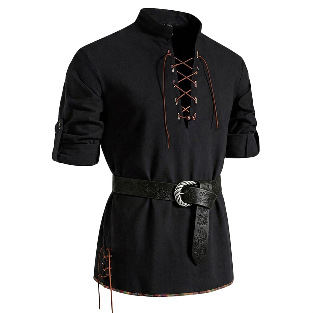 Herrenhemd aus Baumwolle im Le – Medieval Gothic Lace Up Pirate Shirt Bewertung und Preis