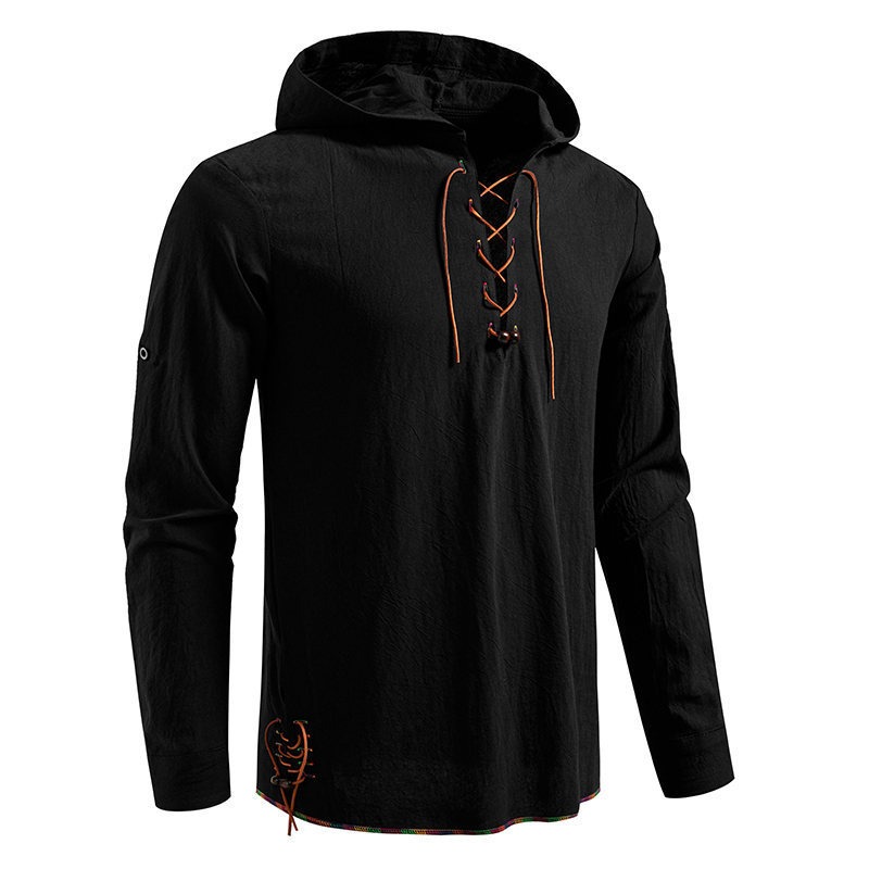 Herren Langarm-Kapuzen-T-Shirt – Medieval Gothic Lace Up Pirate Shirt Bewertung und Preis
